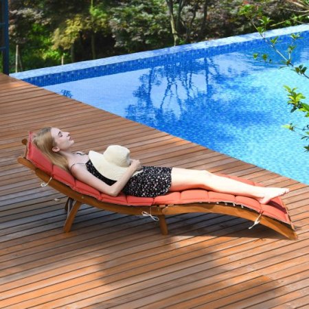 Costway Folding Wooden Outdoor Lounge Chair Chaise Red/White Cushion Pad Pool Deck