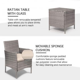 Lacoo 3 Pieces Outdoor Patio Furniture Gray PE Rattan Wicker Table and Chairs Set Bar Set with Cushioned Tempered Glass (Grey / Beige)