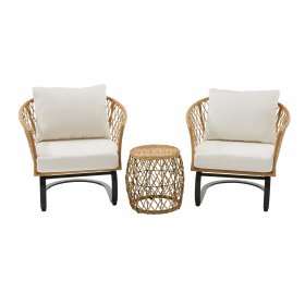 Better Homes & Gardens Ventura 3-Piece White Outdoor Boho Wicker Chat Set, Wicker Frame