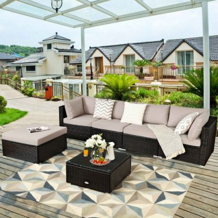 Costway 6PCS Outdoor Patio Rattan Furniture Set Cushioned Sectional Sofa Ottoman