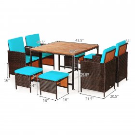Costway 9PCS Patio Rattan Dining Set Cushioned Chairs Ottoman Wood Table Top Turquoise