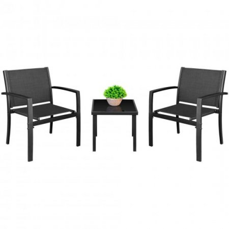 Devoko 3 Pieces Patio Furniture Set Textilene Bistro Set Outdoor Patio Conversation Set Modern Porch Furniture Lawn Chairs with Coffee Table, Black