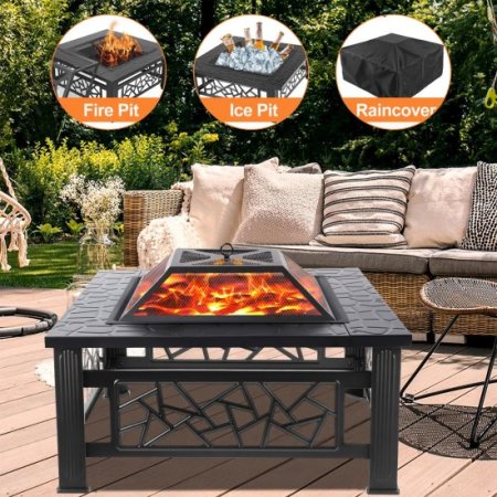 UHOMEPRO Fire Pit for Outside, 32" Square Fire Pit Table with BBQ Net, Mesh Lid, Poker and Cover, Wood Burning Outdoor Heating Fire Pit Stove for Patio, Backyard, Camping, Black