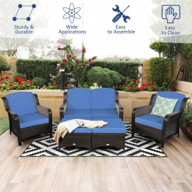 Costway 5PCS Patio Rattan Furniture Set Loveseat Sofa Ottoman Navy Cushion