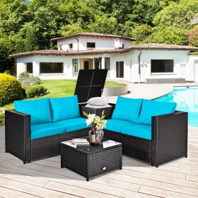 Costway 4PCS Outdoor Patio Rattan Furniture Set Cushion Loveseat Storage Table Turquoise