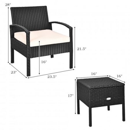 Costway 3PC Outdoor Patio Rattan Furniture Set Storage Coffee Table Cushioned Sofa Black