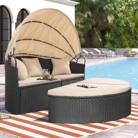 Lacoo Outdoor Patio Round Daybed with Retractable Canopy Wicker Furniture Sectional Seating with Washable Cushions for Patio Backyard Porch Pool Daybed Separated Seating (Beige)