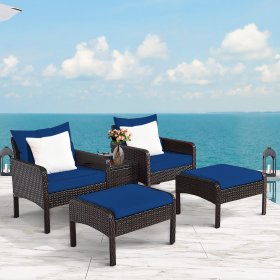 Costway 5 PCS Patio Rattan Wicker Furniture Set Sofa Ottoman Coffee Table Cushioned Navy