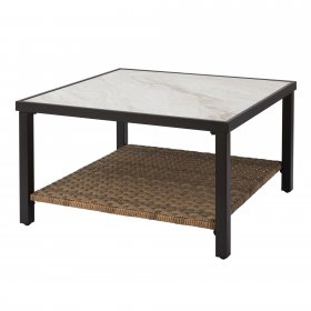 Better Homes & Gardens River Oaks Tile Top Coffee Table with All-Weather Wicker Shelf, White