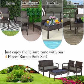 Costway 4PCS Patio Rattan Wicker Furniture Set Brown Loveseat Sofa Cushioned Garden Yard Brown