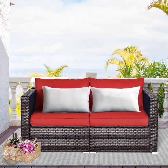 Costway 2PCS Patio Rattan Corner Sofa Sectional Furniture Set Red Cushion