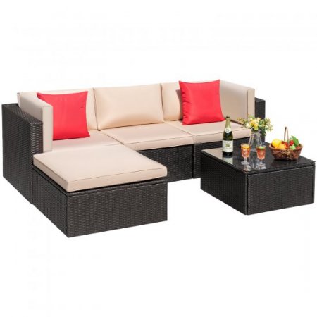 Devoko 5 Pieces Patio Sectional Set Outdoor Wicker Rattan Conversation Sofa with Cushion and Glass Table, Beige