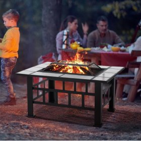 SinglyFire 37 Inch Fire Pit, Square Metal Wood Burning Fire Pit with BBQ Grill Grate & Tile Top Lid for Outdoor, Camping, Patio Heating