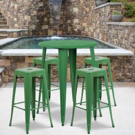 Flash Furniture Commercial Grade 30" Round Green Metal Indoor-Outdoor Bar Table Set with 4 Square Seat Backless Stools