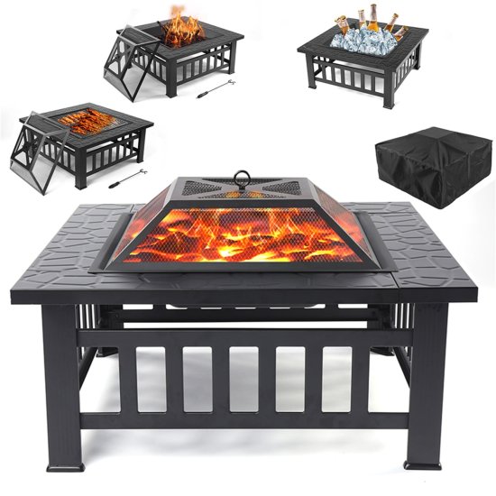 Fire Pits for Outside, UHOMEPRO 32\" Square Iron Fire Pit Backyard Patio Garden Stove Wood Burning Fire Pit w/ BBQ Net, Waterprrof Cover, Mesh Screen Lid, Wood Grate, Poker, Durable Fire Pit