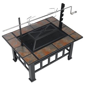 SinglyFire 37 Inch Fire Pit, Square Metal Wood Burning Fire Pit with BBQ Grill Grate & Tile Top Lid for Outdoor, Camping, Patio Heating