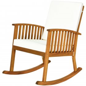 Costway Acacia Wood Rocking Chair Patio Garden Lawn W/ Cushion, Teak, Brown