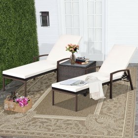 Costway 2PCS Patio Rattan Lounge Chair Chaise Recliner Back Adjustable Cushioned Garden Brown