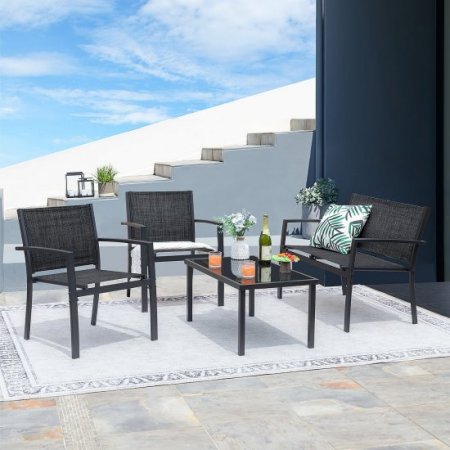 Devoko 4 Pieces Patio Furniture Outdoor furniture Outdoor Patio Furniture Set Textilene Bistro Set Modern Conversation Set Black Bistro Set with Loveseat Tea Table, Black