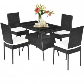 Costway 5PCS Patio Rattan Dining Set Cushioned Chair Table w/Glass Top Garden Furniture
