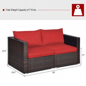 Costway 4PCS Patio Rattan Corner Sofa Sectional Furniture Set Red Cushion