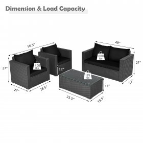 Costway 4PCS Patio Rattan Furniture Set Cushioned Sofa Chair Coffee Table Black