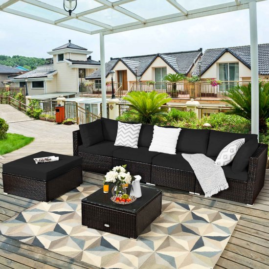 Costway 6PCS Outdoor Patio Rattan Furniture Set Cushioned Sectional Sofa Black