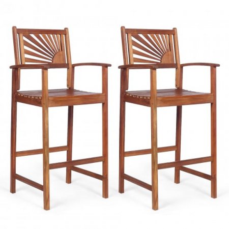 Costway Set of 2 Bar Stools 29inch Acacia Wood Pub Chairs Outdoor w/ Armrests