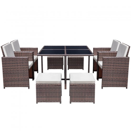 Lacoo 9 Pieces Patio Dining Sets Wicker Rattan Conversation Sets Tempered Glass Table Cushioned Chairs with Ottoman, Beige