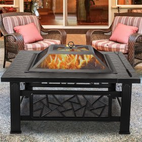 UHOMEPRO Fire Pit for Outside, 32" Square Fire Pit Table with BBQ Net, Mesh Lid, Poker and Cover, Wood Burning Outdoor Heating Fire Pit Stove for Patio, Backyard, Camping, Black