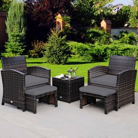 Costway 5PCS Patio Rattan Wicker Furniture Set Sofa Ottoman Cushion Gray