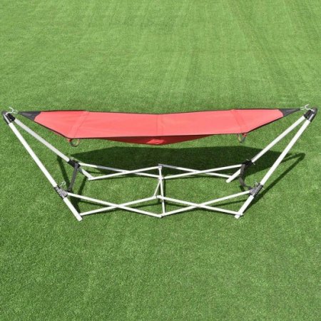 Costway Red Portable Folding Hammock Lounge Camping Bed Steel Frame Stand W/Carry Bag