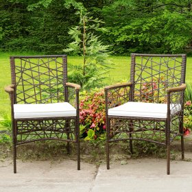 Costway 2pcs PE Wicker Patio Bistro Chairs Acacia Wood Armrests w/ Cushions Outdoor