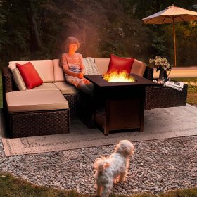 Devoko 6 Pieces Outdoor 40000 BTU Propane Fire Pit Set Patio Furniture Set with Fire Pit Table Outdoor Sectional Rattan Sofa Set with Fire Pit Table