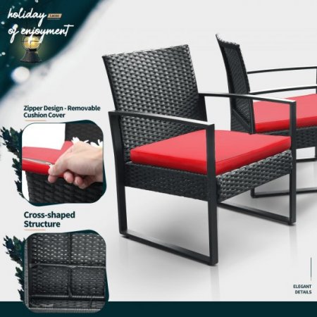 Lacoo 3 Pieces Patio Indoor Conversation Set Cushioned PE Rattan Bistro Chairs Set of 2 with Coffee Table, Black/Red