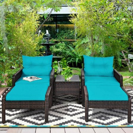 5 PCS Patio Rattan Furniture Set Sofa Ottoman Table Cushioned Turquoise