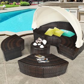 Costway Patio Rattan Daybed Cushioned Sofa Adjustable Table Top Canopy 3 Pillows