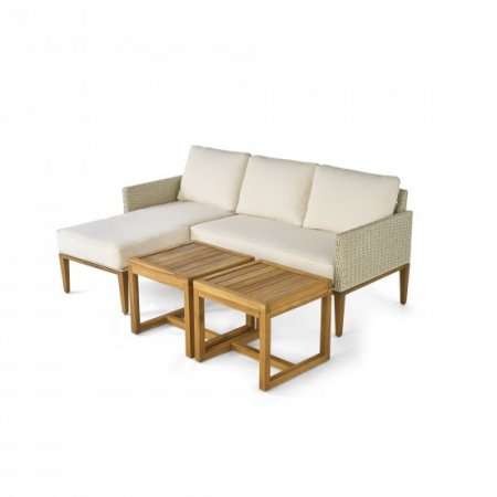 Better Homes & Gardens Davenport Sofa Lounger with Two Acacia Wood Table with Cushions White