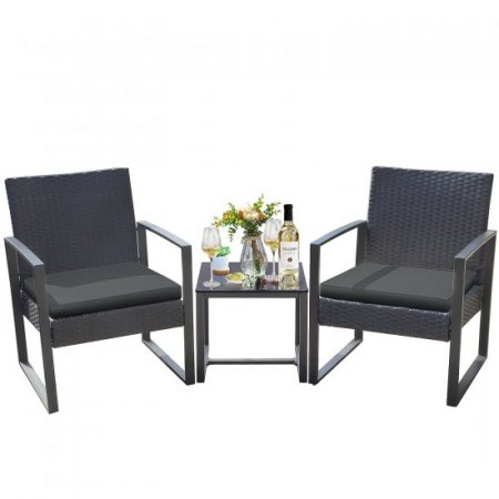 Lacoo 3 Pieces Patio Conversation Set PE Rattan Bistro Chairs Set of 2 with Coffee Table, Black