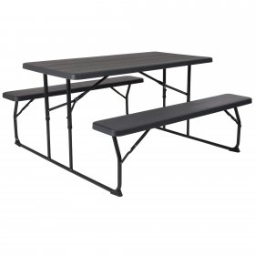 Flash Furniture Insta-Fold Charcoal Wood Grain Folding Picnic Table and Benches 4.5 Foot Folding Table