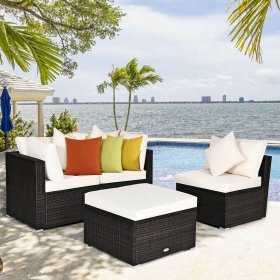 Costway 4PCS Patio Rattan Wicker Sofa Furniture Set Cushioned Conversation Ottoman Set