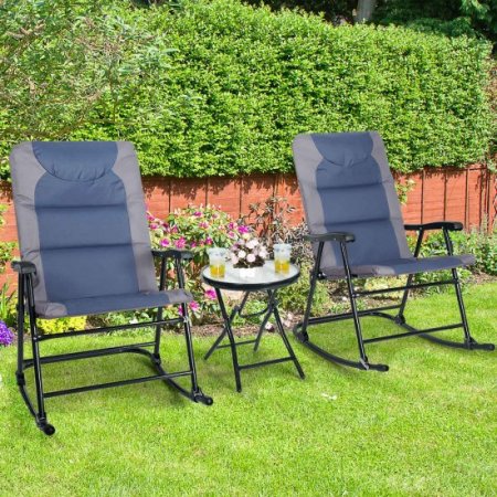 Costway 3PCS Folding Bistro Set Rocking Chair Cushioned Table Garden Blue