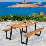 Costway Picnic Table with 2 Benches 70 Dining Table Set with Seats and Umbrella Hole