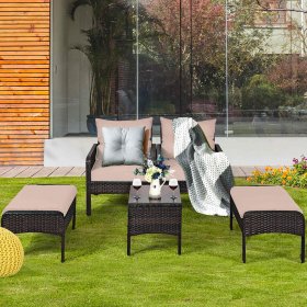 Costway 5 PCS Rattan Wicker Furniture Set Sofa Ottoman W/Brown Cushion Patio Garden Yard