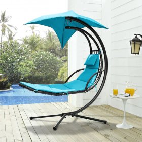 Lacoo Outdoor Hanging Curved Chaise Lounge Chair Patio Swinging Hammock w/Pillow, Canopy & Stand for Backyard, Blue