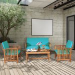 Costway 4PCS Patio Solid Wood Furniture Set Conversation Coffee Table Turquoise Cushion