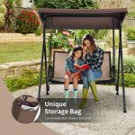 Costway 2 Seat Patio Porch Swing with Adjustable Canopy Storage Pockets Brown