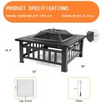 Multifunctional Fire Pit Table, 32 Fireplace Heater/Ice Pit, Square Metal Fire Pit Stove with Screen Lid and Log Poker for Backyard Garden Camping Picnic Bonfire