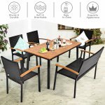 Costway 6 PCS Patio Rattan Dining Set Acacia Wood Table Stackable Chair Bench