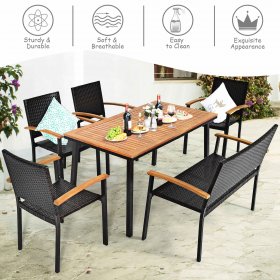 Costway 6 PCS Patio Rattan Dining Set Acacia Wood Table Stackable Chair Bench